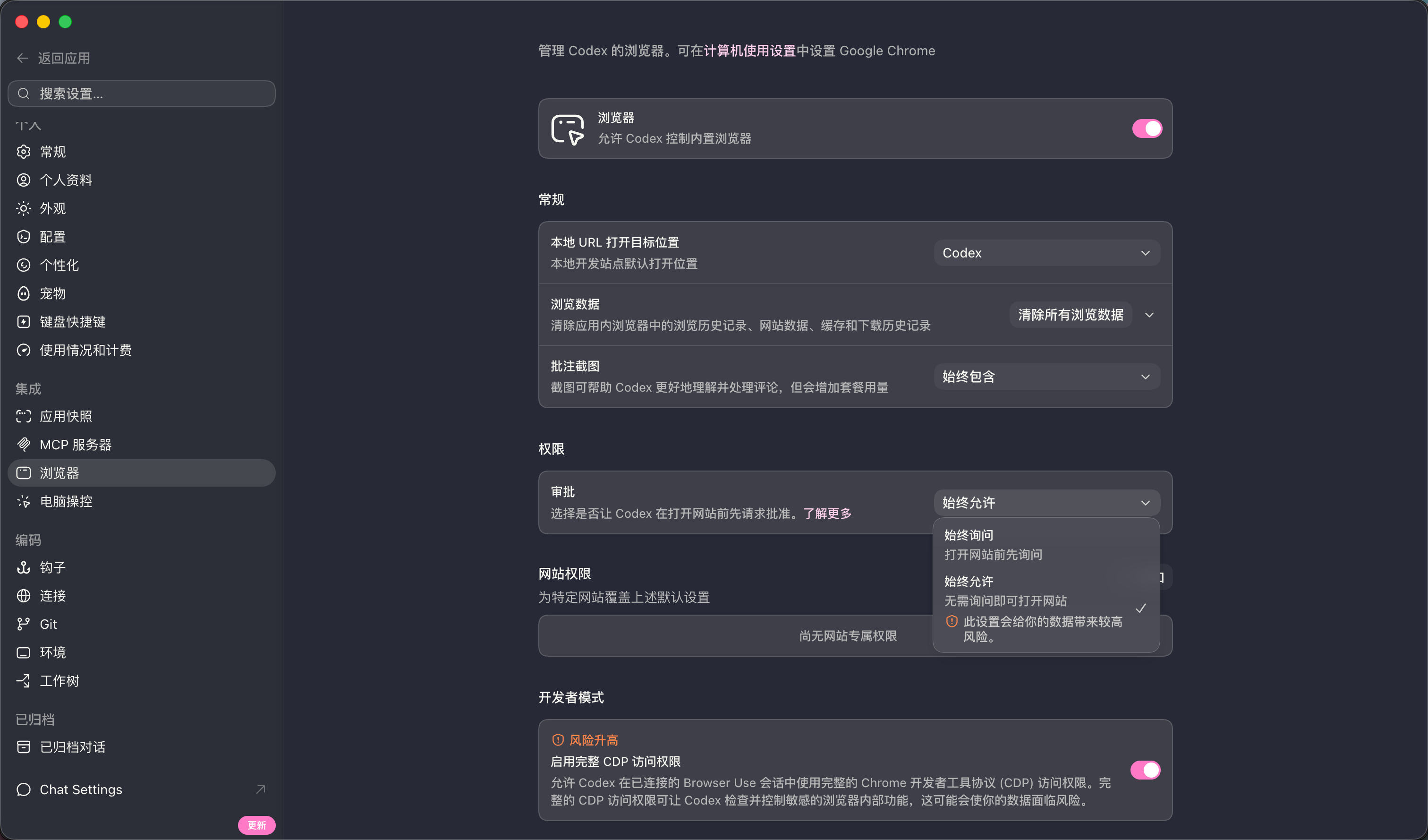 Codex 浏览器控制设置