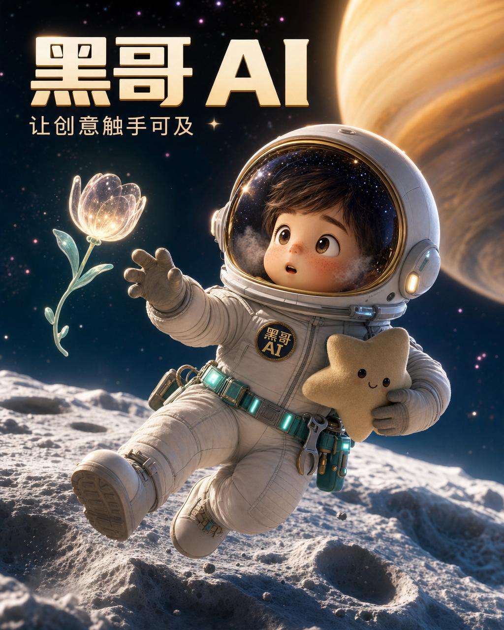 粗壮风格化 3D 儿童宇航员穿米白服戴金护目镜，浮于月面之上，伸手触碰透明太空郁金香，腰间系毛绒星星玩具。
