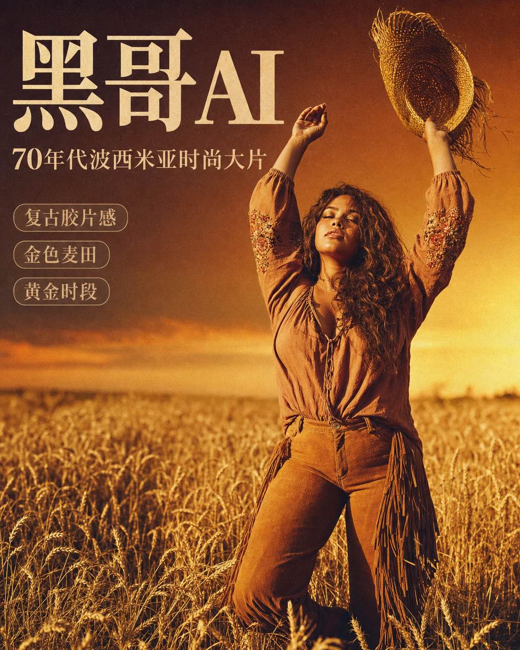 丰满女性穿陶土色农民衫与流苏裤，腰部浸入金色麦田，黄金时段双臂高举草帽。