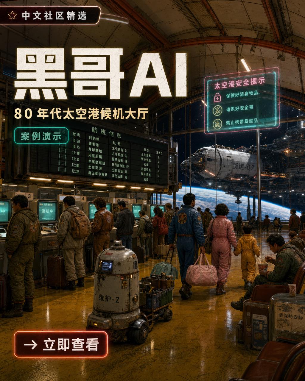 复古未来太空港大厅，翻牌显示 GATE 7B TITAN LOOP，青绿色 CRT 柜台，机器人拖车，窗外停靠货船。