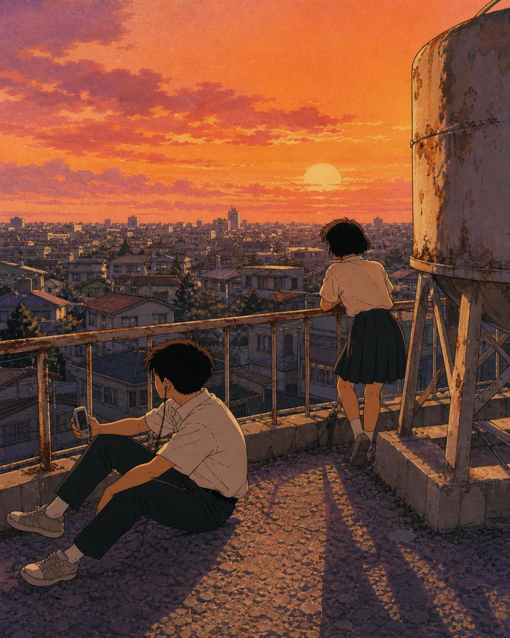 两名穿校服的少年坐在屋顶，90年代赛璐珞动画风格，琥珀色天空与紫色阴影。