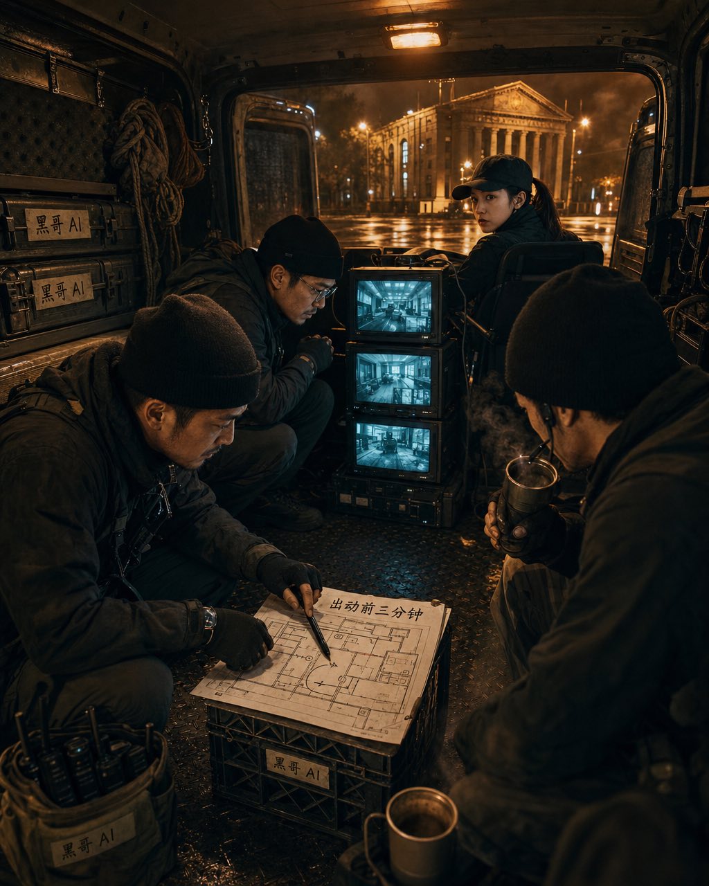 90 年代货车舱内四名队员围着 CRT 显示器与蓝图，对讲机贴 CH1 LEAD CH2 OPS，窗外钠灯橙光。