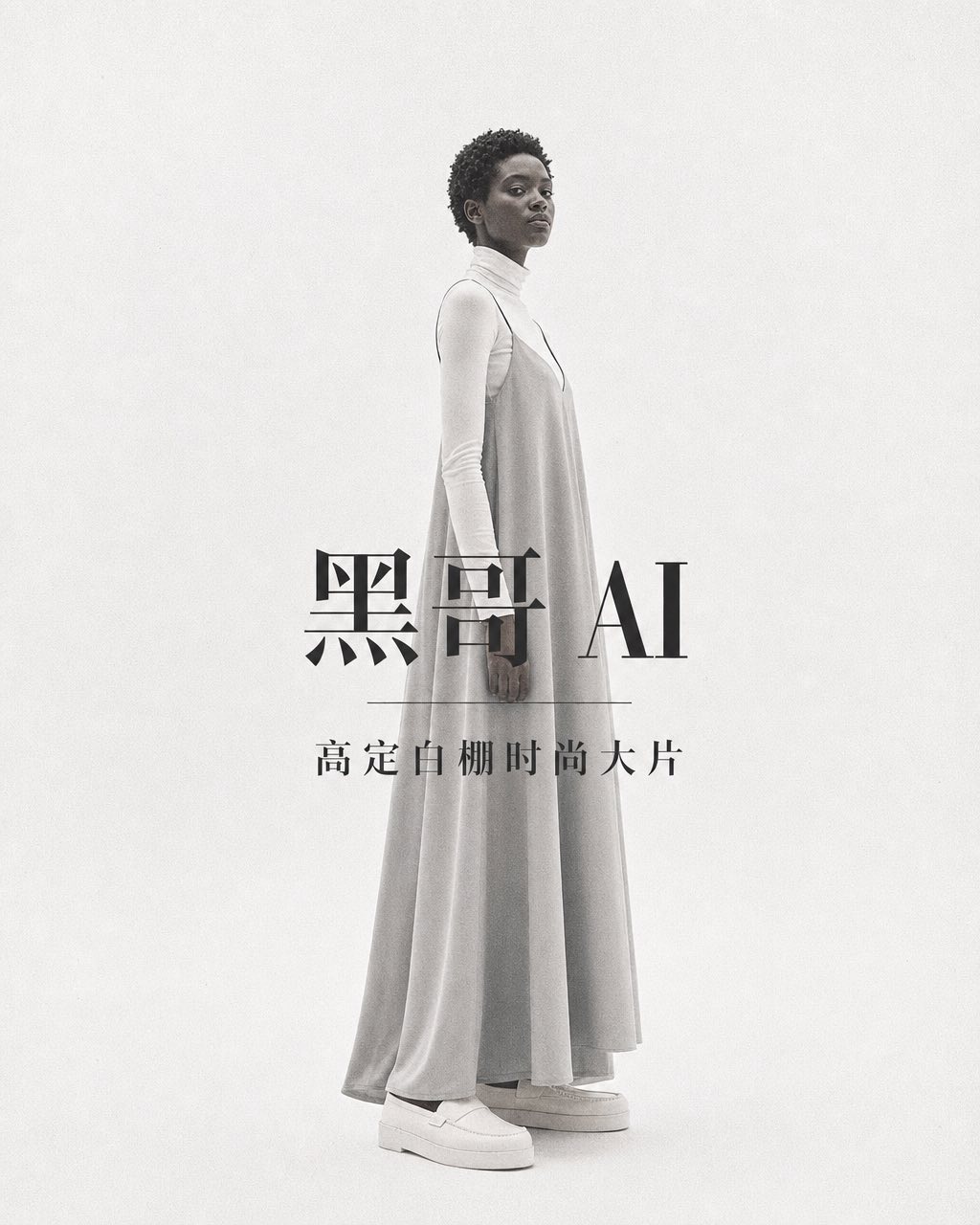 一位身穿灰色吊带裙套白色高领衫的高挑黑人女性侧身站于纯白摄影棚，光线平坦过曝。