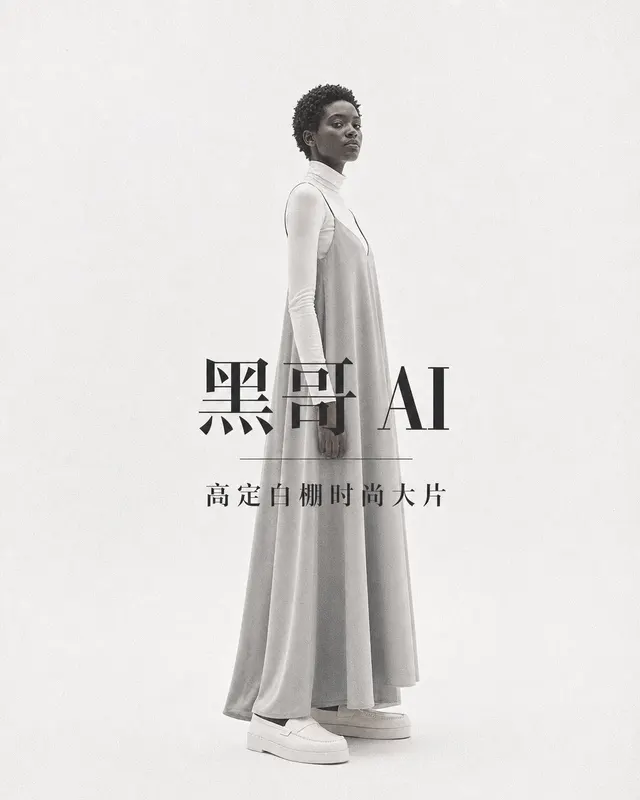 一位身穿灰色吊带裙套白色高领衫的高挑黑人女性侧身站于纯白摄影棚,光线平坦过曝。