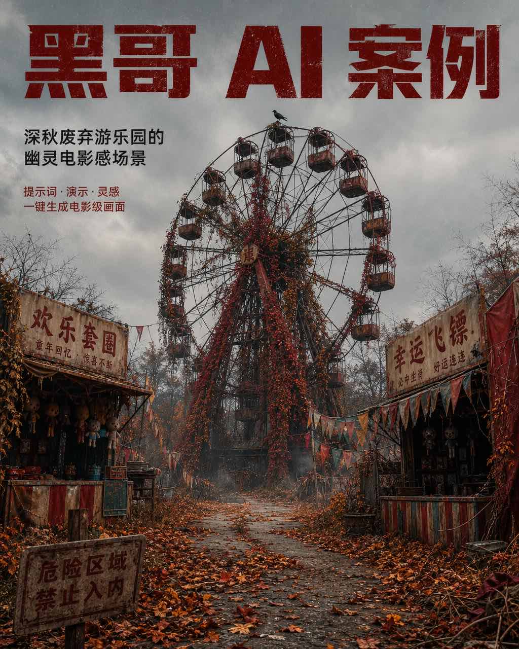 深秋废弃游乐园，锈迹斑斑爬满藤蔓的摩天轮，落叶覆道，废弃游戏摊褪色布旗，顶端一只乌鸦，阴云银灰天空。