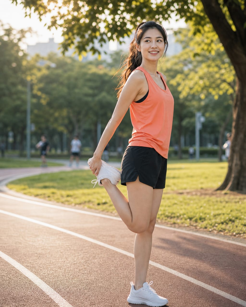 女性运动活力写真：运动场、自然汗感和动态姿势，突出健康与力量。