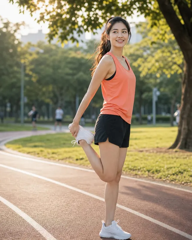 女性运动活力写真:运动场、自然汗感和动态姿势,突出健康与力量。