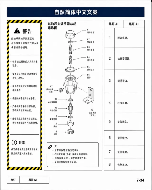 航空航天技术手册页面,三栏排版,爆炸图、危险警告框与步骤表格,海军蓝与黄色配白底。