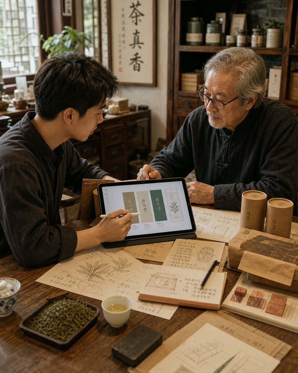 老字号茶铺 AI 包装协作案例图，中国老字号茶铺后间，年轻设计师和银发店主围着木桌讨论茶叶包装草图，一台平板显示无品牌的包装色块和线稿，桌上有茶叶、牛皮纸、印章、手写笔记。