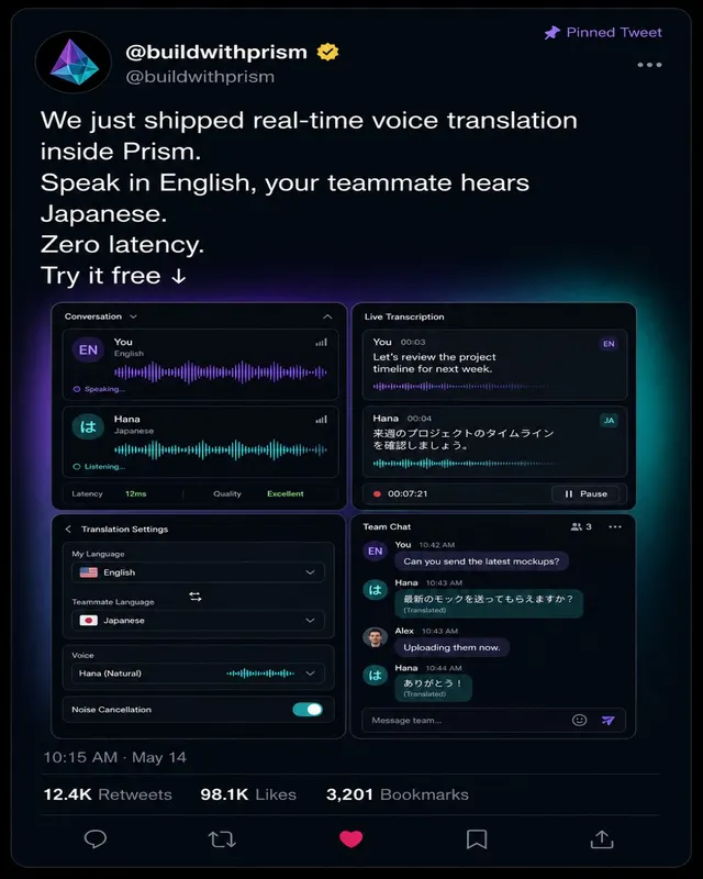 暗色模式 Twitter 推文,展示 AI 实时语音翻译工具的产品发布,含 App 截图和高互动数据。