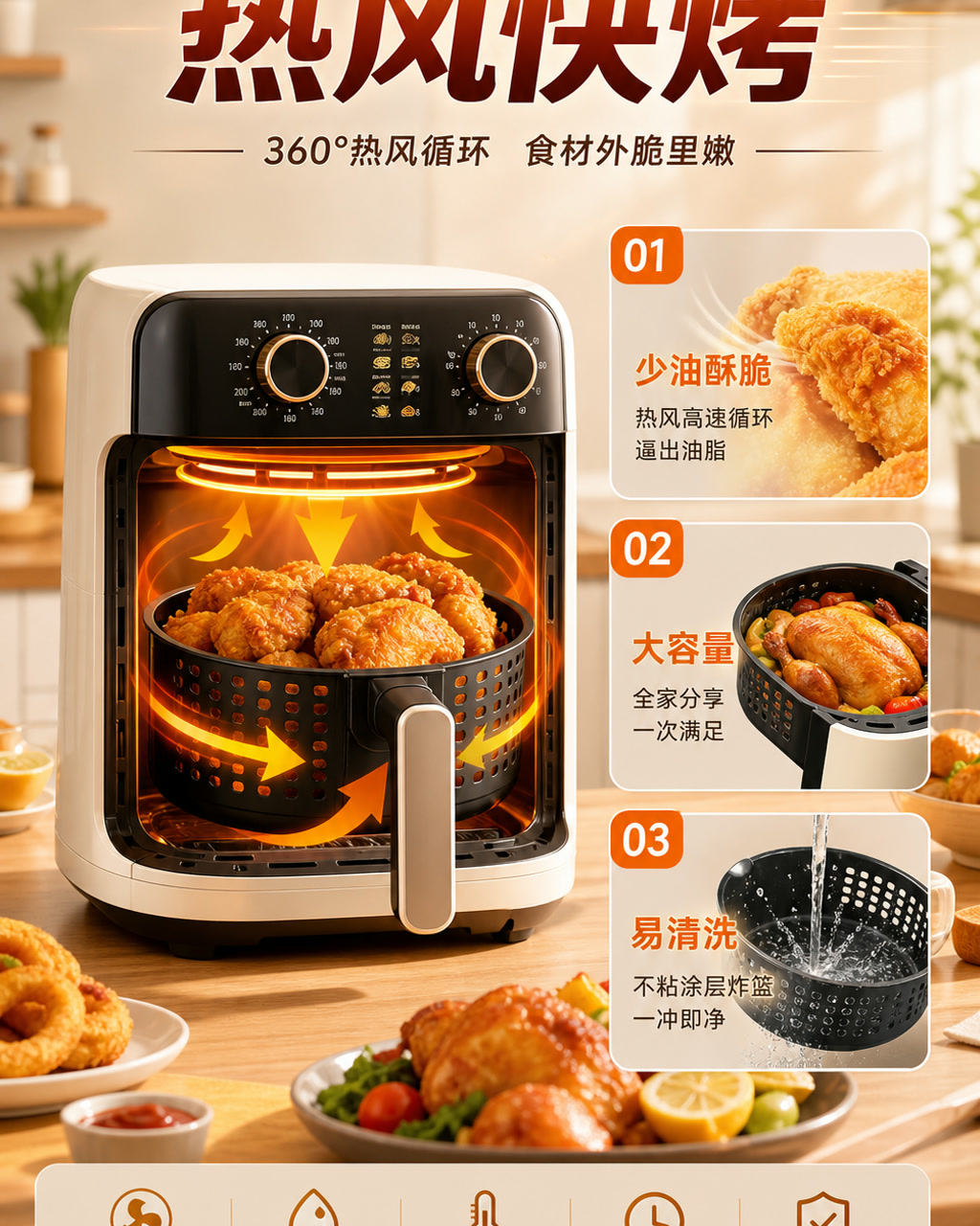 空气炸锅详情页图，主文案为「热风快烤」，卖点为「少油酥脆、大容量、易清洗」。