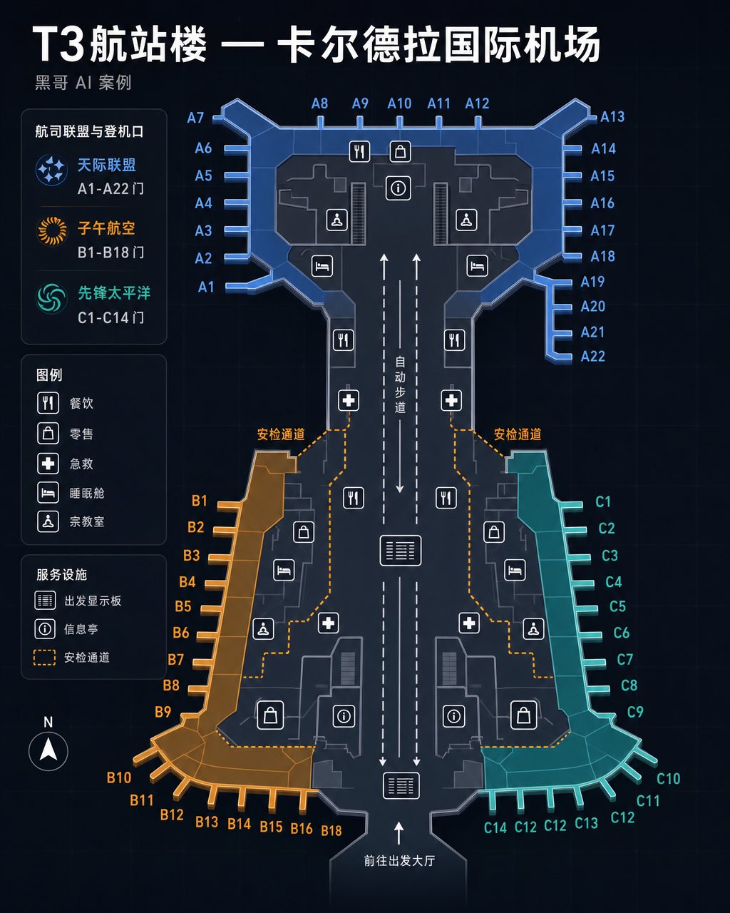 深色机场航站楼导向地图，联盟色码登机口、图标设施与安检虚线边界