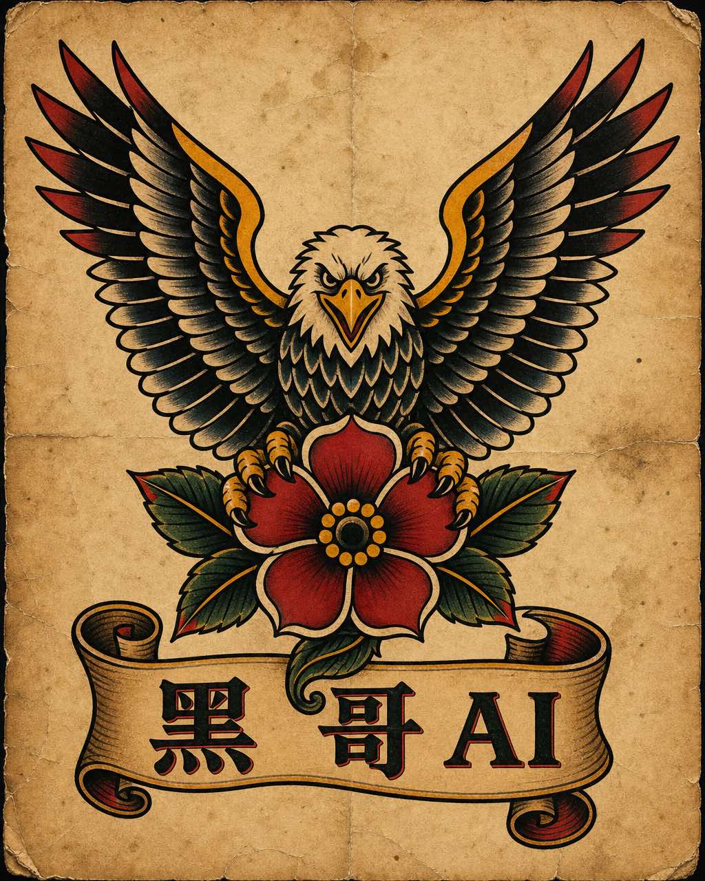 美式传统纹身色稿，展翅正面鹰爪握红玫瑰，粗黑轮廓，饱和经典配色，羊皮纸背景。