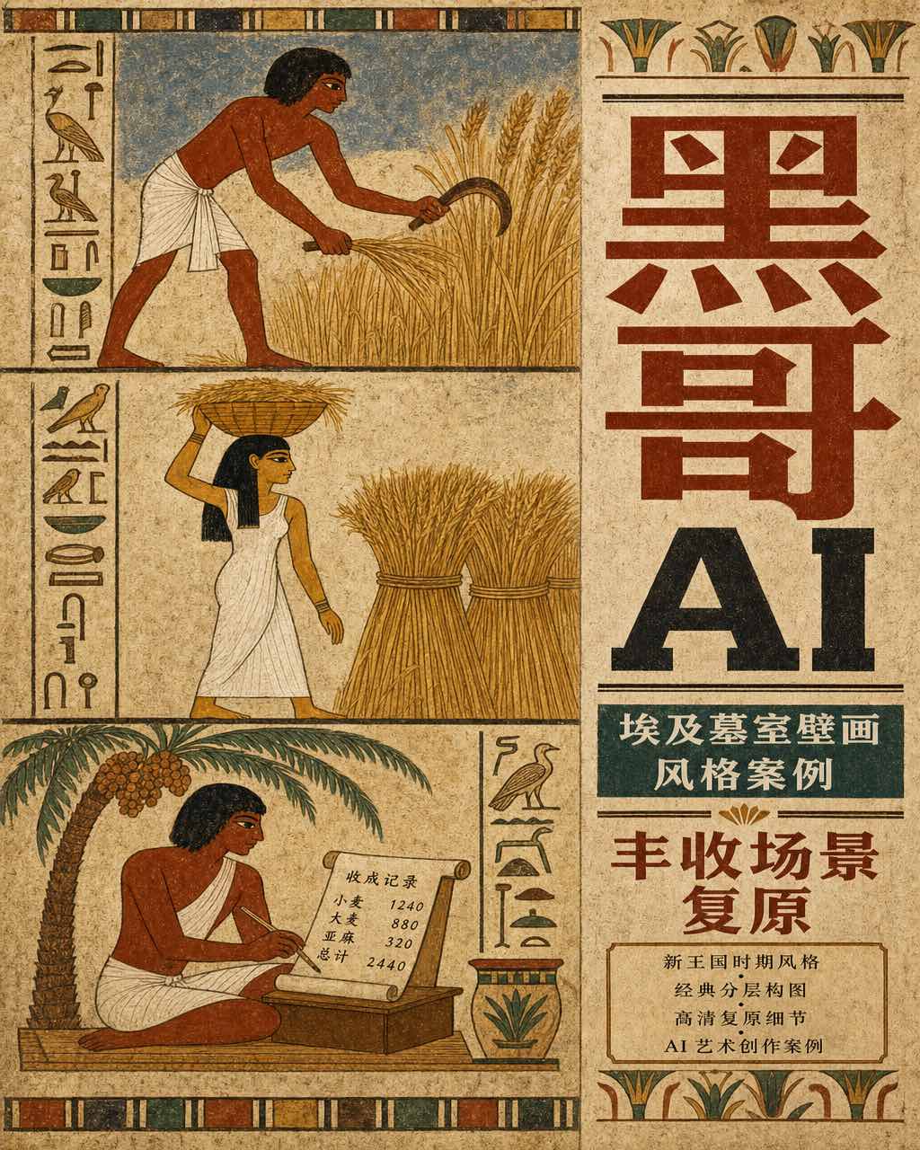新王国埃及墓室风格丰收壁画，正侧混合人像，象形文字竖列，收割者与棕榈树下书记官。