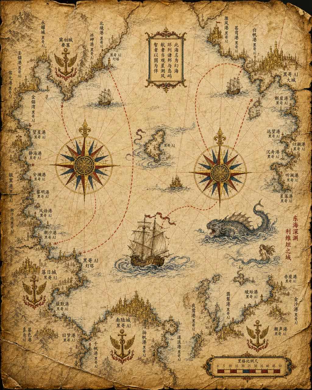 羊皮纸文艺复兴波尔托兰航海图：恒向线、双风玫瑰罗盘、帆船、利维坦和哥特字港口名。