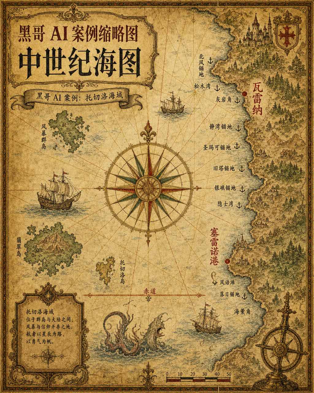 牛皮纸航海图，罗盘方位线网络，哥特港口名，岛屿填色与海怪装饰