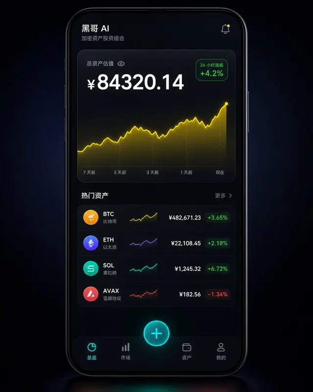 深色 Android 加密追踪器,发光黄色面积图,代币列表含霓虹绿红涨跌显示,近黑背景。