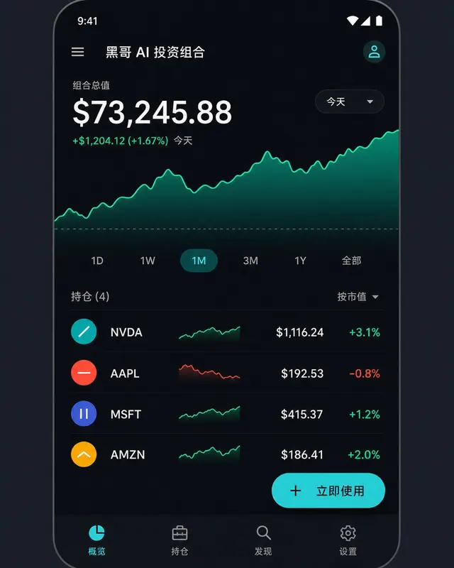 Android 暗色股票组合界面,青绿面积图,组合总值 $73,245,NVDA/AAPL/MSFT/AMZN 持仓行。
