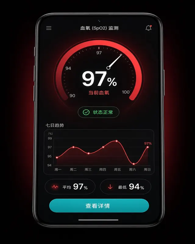 深色 Android 血氧 App,红色圆形计量表显示 97%,7 天趋势图和青色测量按钮。
