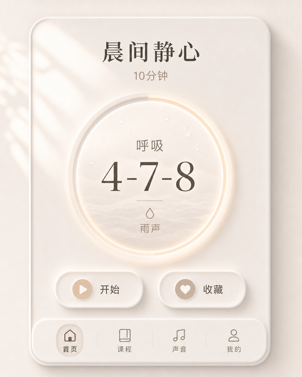 浅色神经拟态 Android 冥想 App，柔灰色浮雕按钮和圆形播放键，无刺眼色彩，整体暖色调。