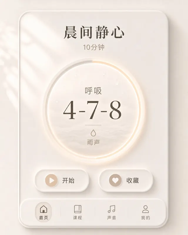 浅色神经拟态 Android 冥想 App,柔灰色浮雕按钮和圆形播放键,无刺眼色彩,整体暖色调。