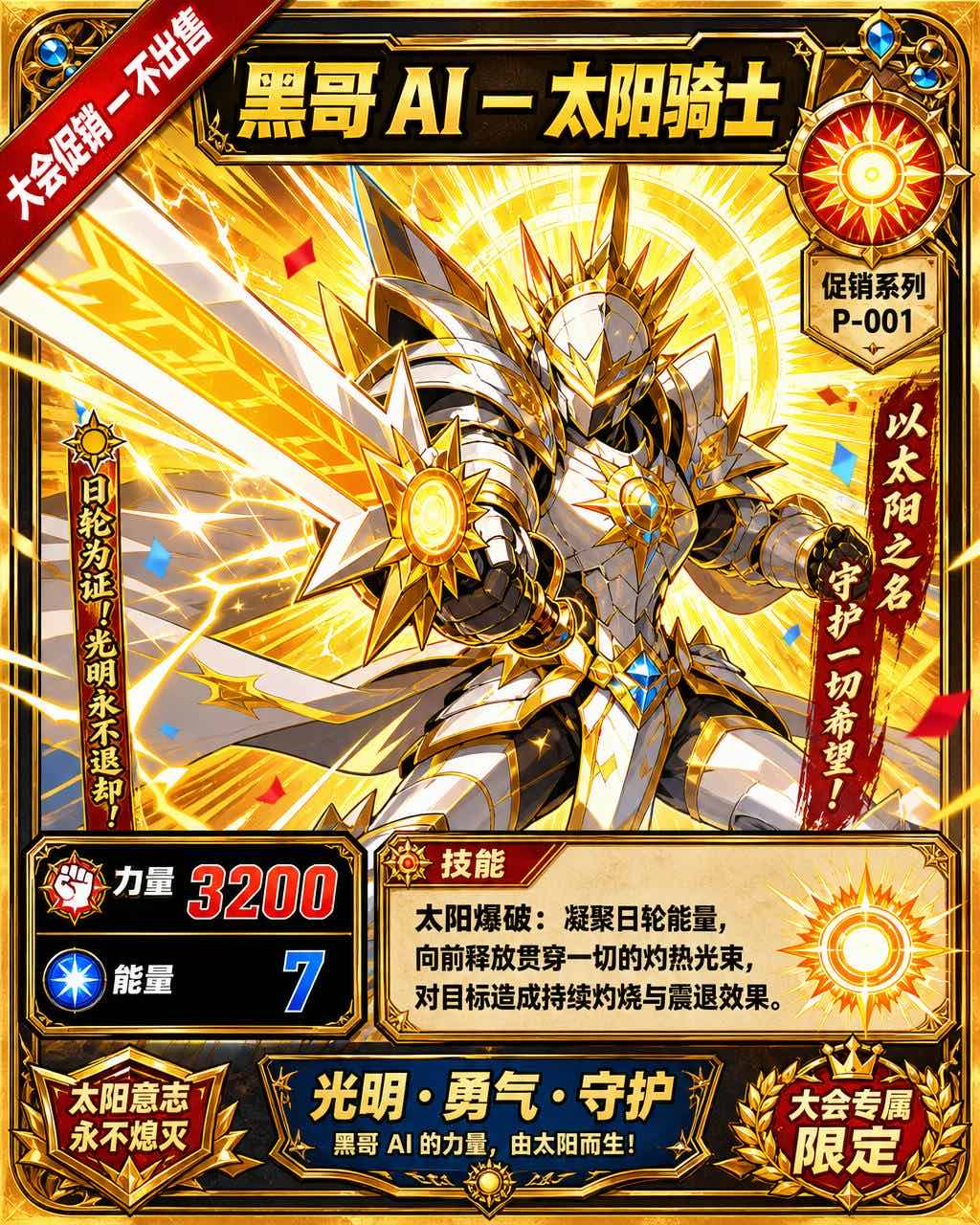 明亮动漫风格 TCG 促销卡，虚构角色太阳骑士 Kairo 赛璐珞机甲插画，活动促销戳记，太阳爆裂套系标志。
