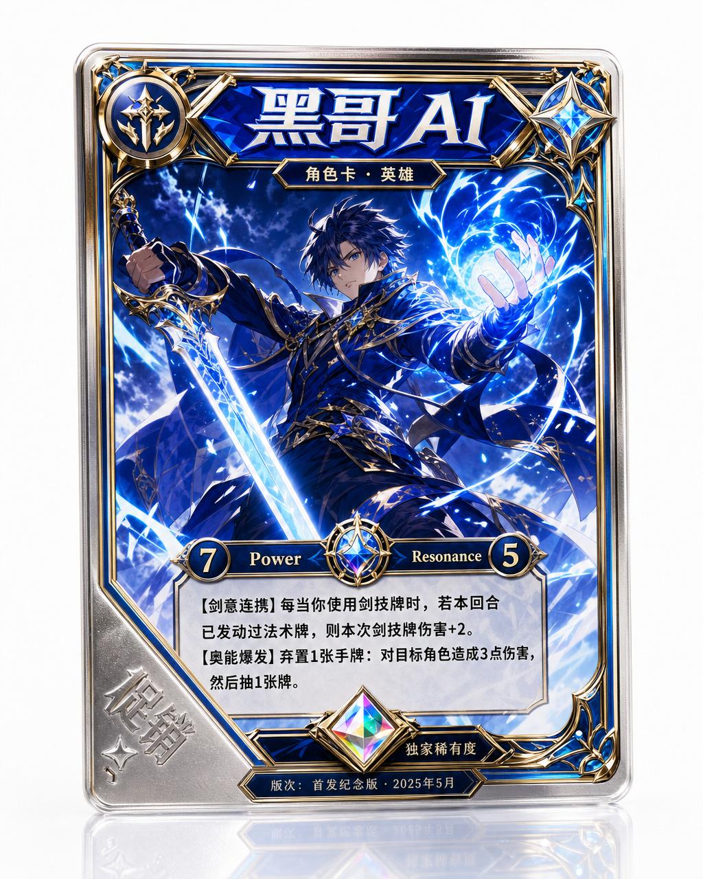 名为 Ryuken Aozora 的促销 TCG 卡，动感钴蓝金色动漫剑法师，铬棱镜稀有度宝石。