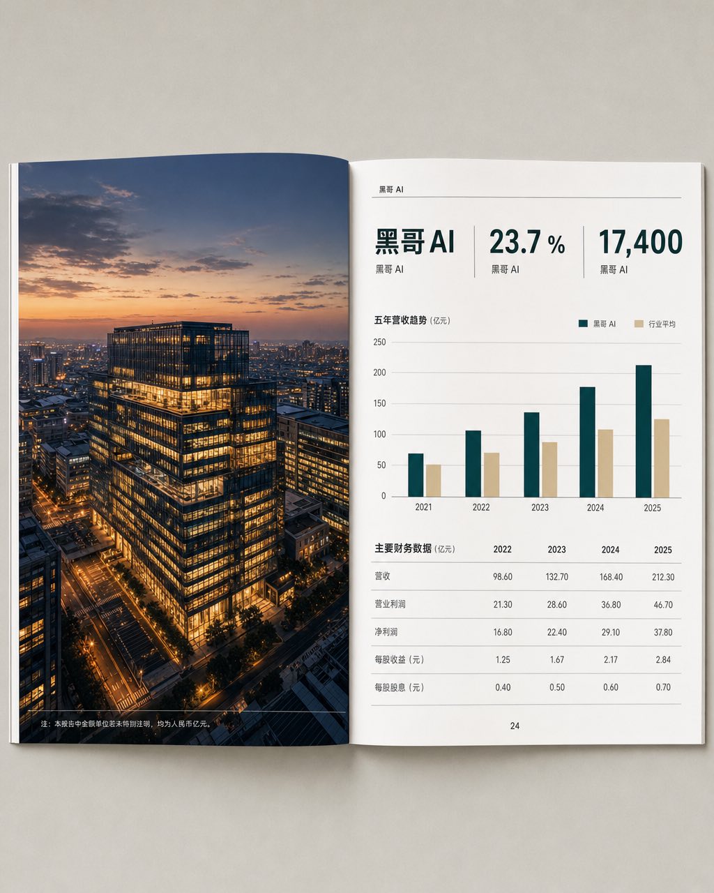 企业年报跨页，左页航拍城市照片，右页白底KPI数值、条形图与财务数据表。