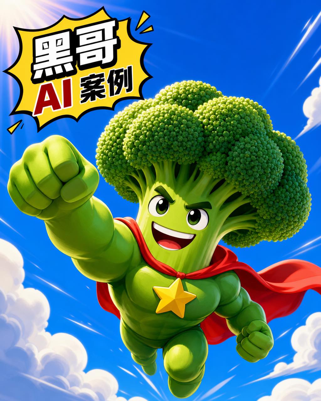 拟人 3D 西兰花超级英雄，花序头部、红色披风、黄色星徽，低角仰拍飞翔，钴蓝天空卡通白云背景。