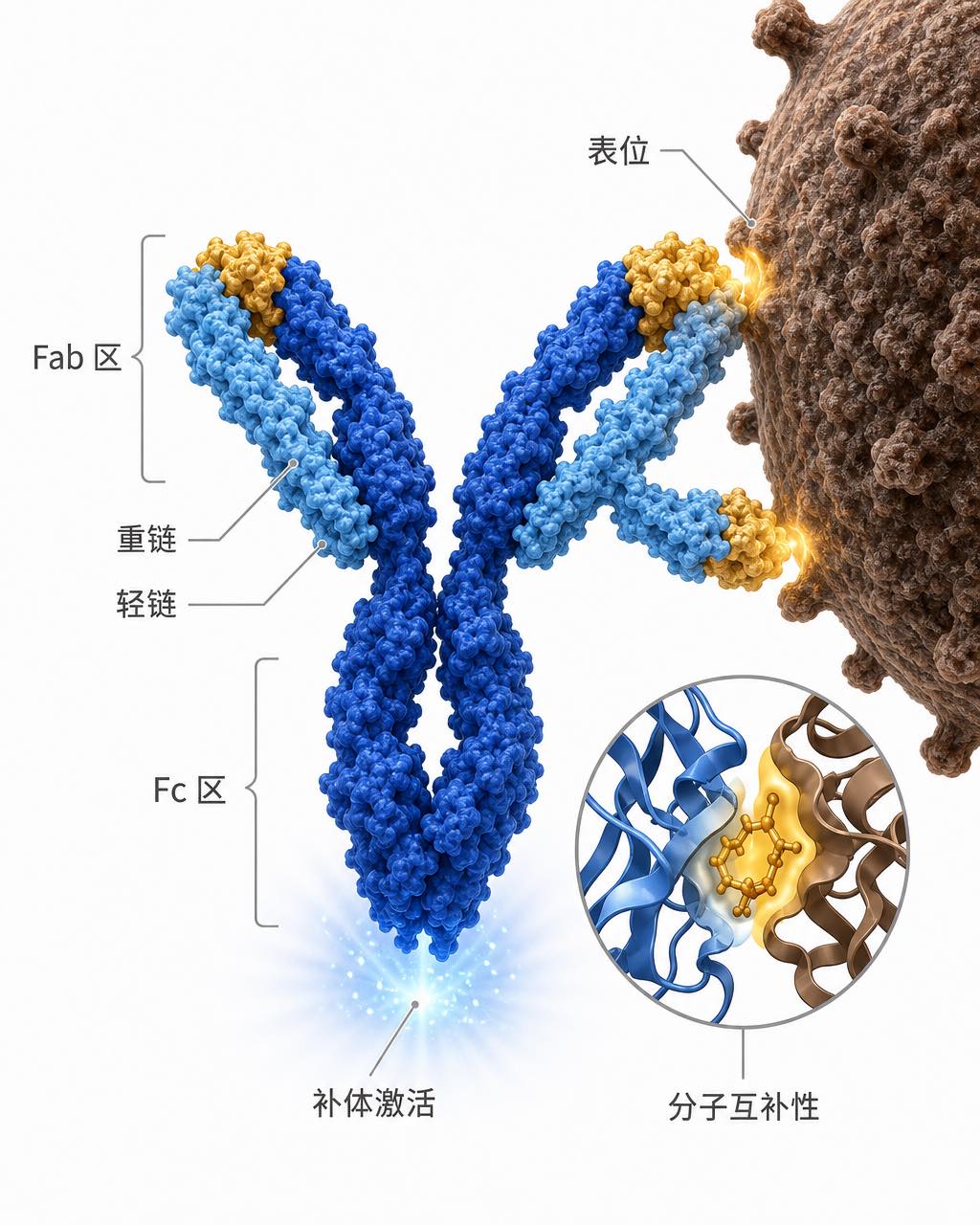 Y 形钴蓝 IgG 抗体 Fab 区与棕褐色病毒表面表位结合的半 3D 图，含结合口袋分子插图。