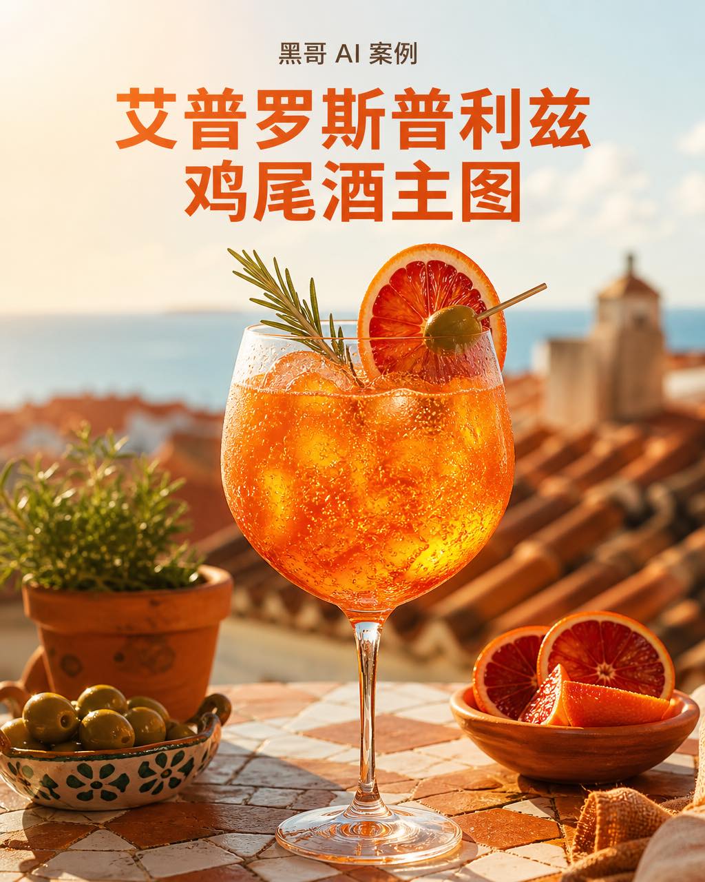 金色时分地中海阳台，大型葡萄酒杯中发光橙色艾普罗斯普利兹鸡尾酒，背景模糊屋顶。