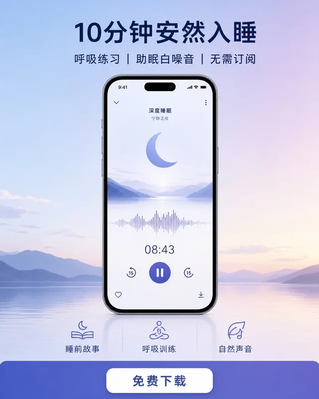 中文冥想 App 宣传截图海报,真实比例手机样机置于黎明蓝到薰衣草渐变背景上,含助眠功能图标。