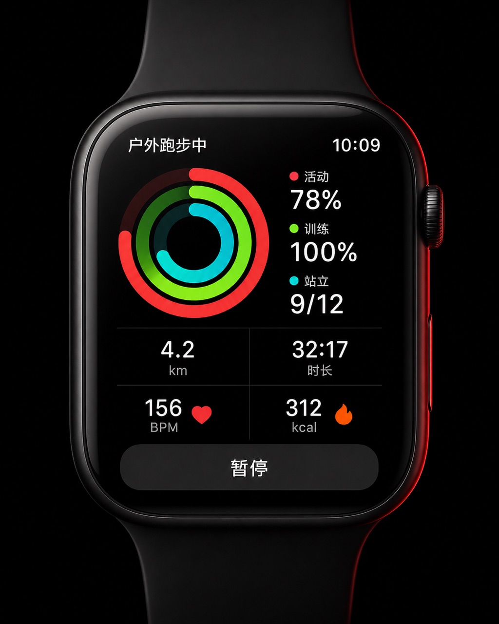智能手表黑色 OLED 屏，三圈同心活动环（红绿青），下方跑步数据。