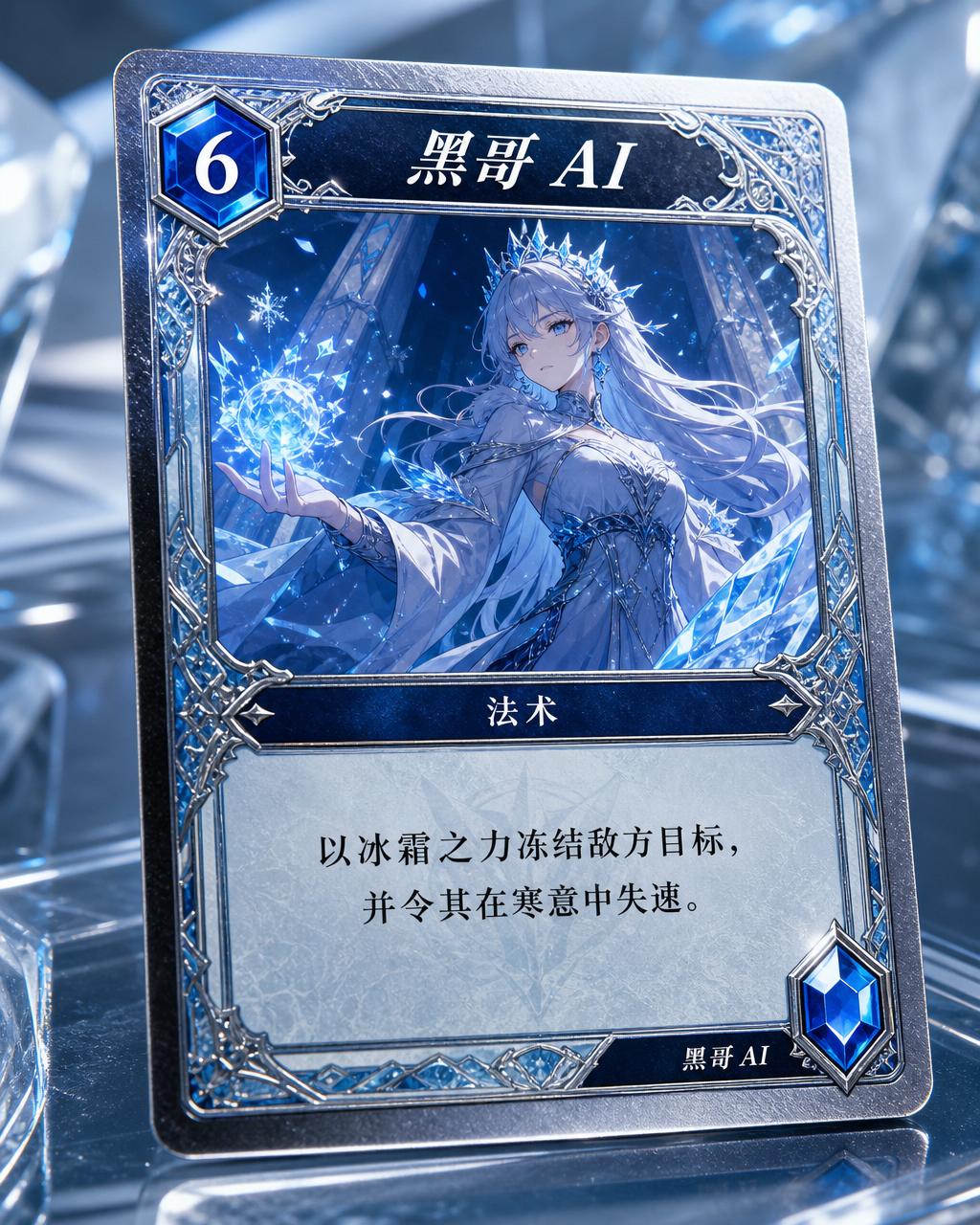 名为 Glacial Annihilation 的 TCG 法术卡，冰系法师图像，蓝宝石稀有度宝石，冻结技能文本。