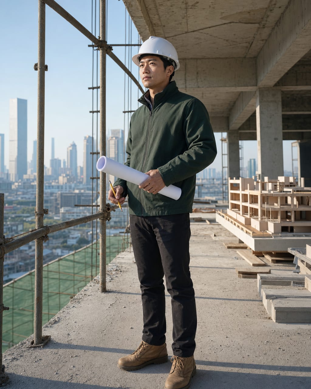 建筑师环境肖像：模型、图纸和空间线条，突出结构感和专业性。