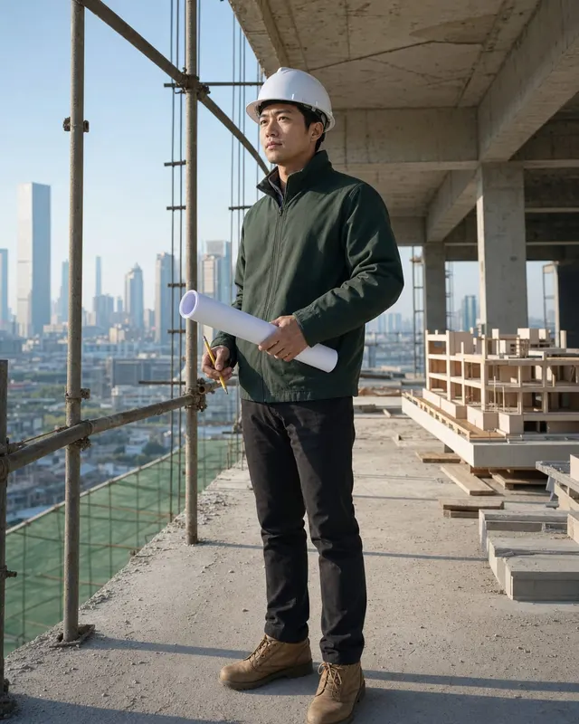 建筑师环境肖像:模型、图纸和空间线条,突出结构感和专业性。