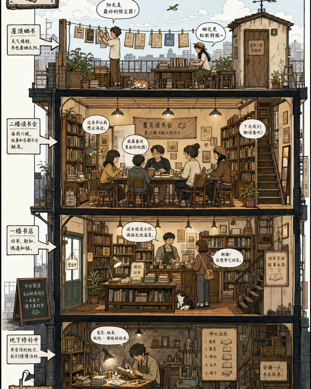 建筑剖面书店漫画，原创漫画风格样本，包含清晰漫画版式、角色动作和可见中文标题。