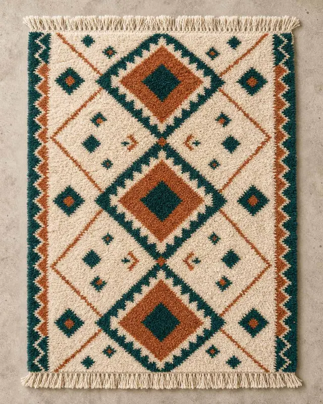 Overhead flat view of a hand-knotted Moroccan-pattern wool rug in terracotta, teal, and ivory on a concrete floor with a size label.