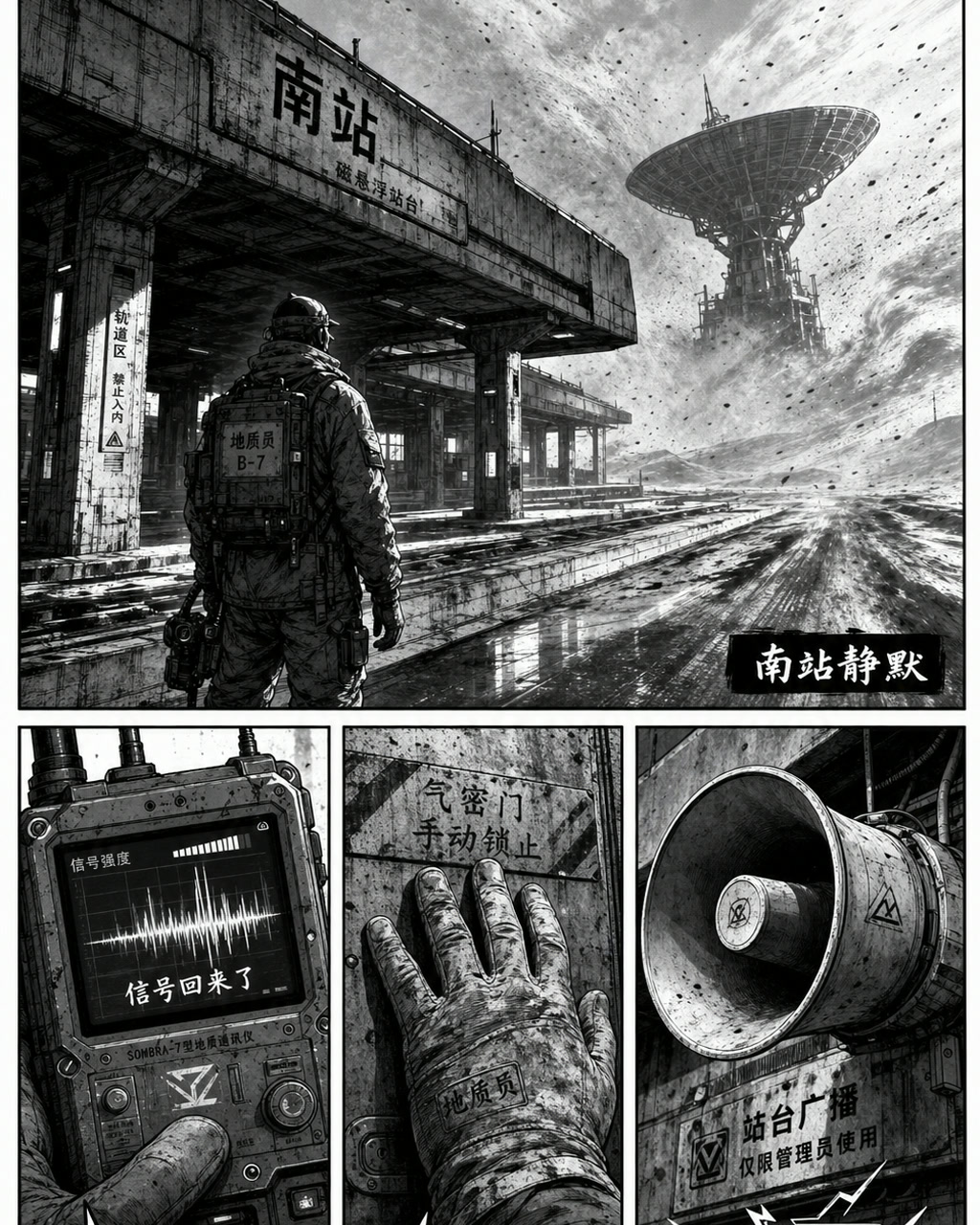 阿根廷感黑白科幻车站，原创漫画风格样本，包含清晰漫画版式、角色动作和可见中文标题。