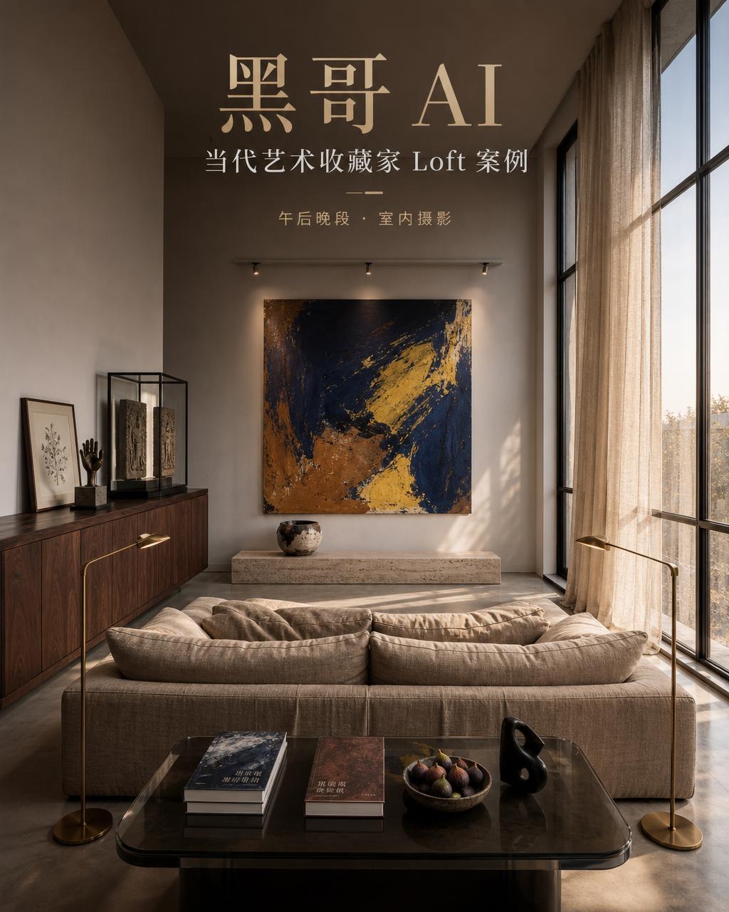 4 米层高 loft 客厅，大尺幅抽象画、洞石低台、亚麻沙发、胡桃木长柜，工业窗洒入暖低阳。