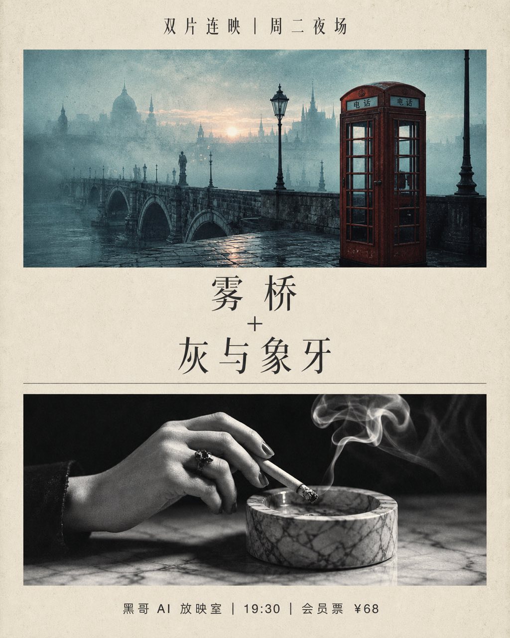 竖版艺术影院海报，上方雾中红色电话亭，下方黑白持烟的手，标题 THE FOG BRIDGE + ASH AND IVORY。