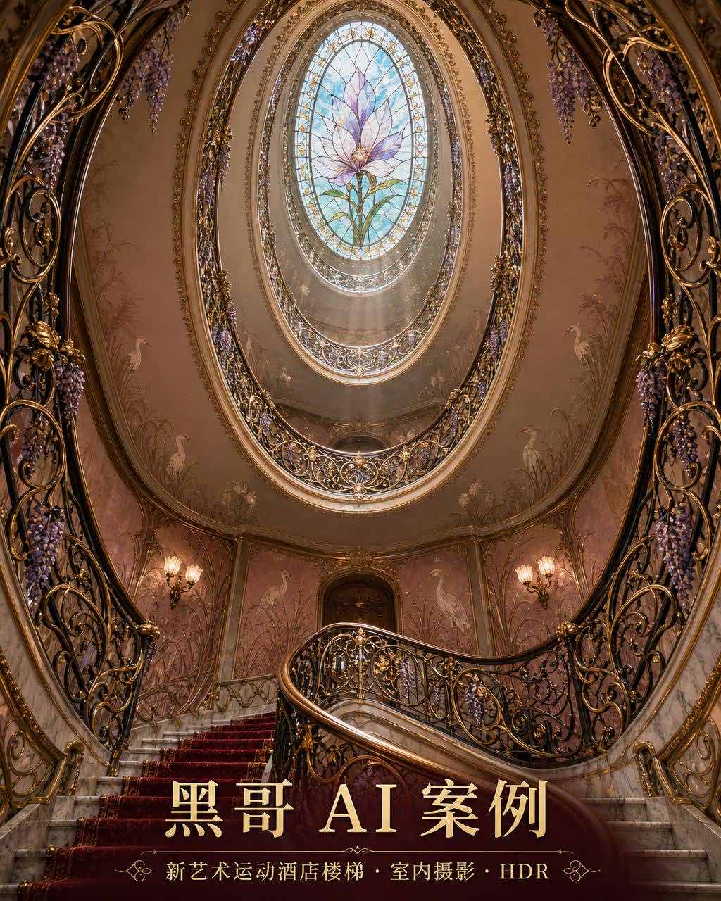 四层新艺术运动楼梯井仰视，锻铁鞭击纹栏杆、大理石踏面与椭圆木兰彩色玻璃天窗。