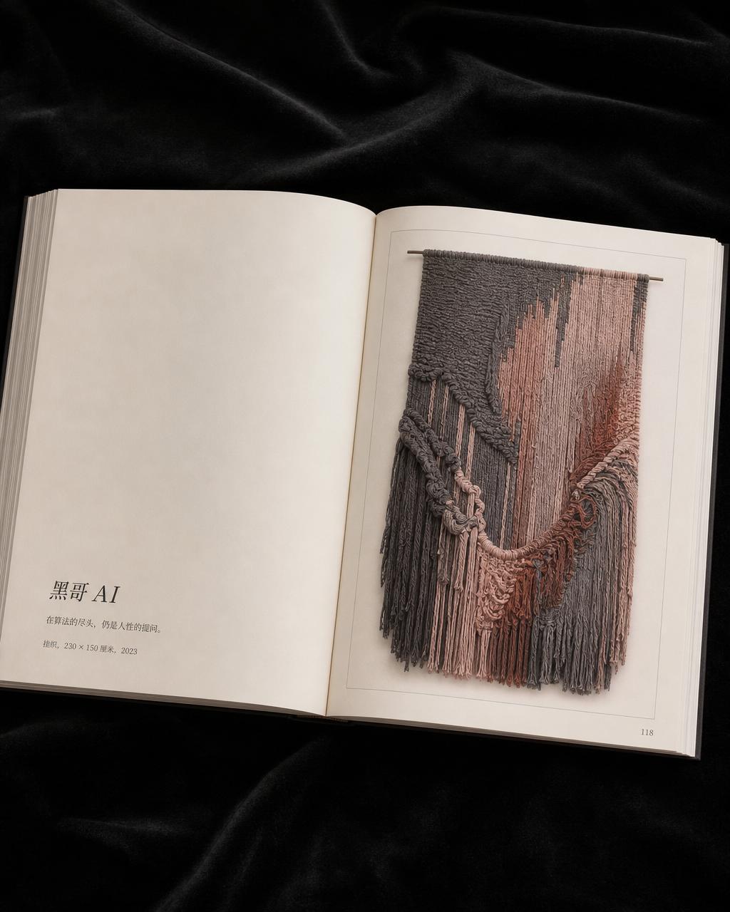 黑丝绒上摊开的大开本作品集：左页奶油色留白配作品信息 'Wind Loom No. 14'，右页满版灰玫瑰与铜色挂织作品复制图。