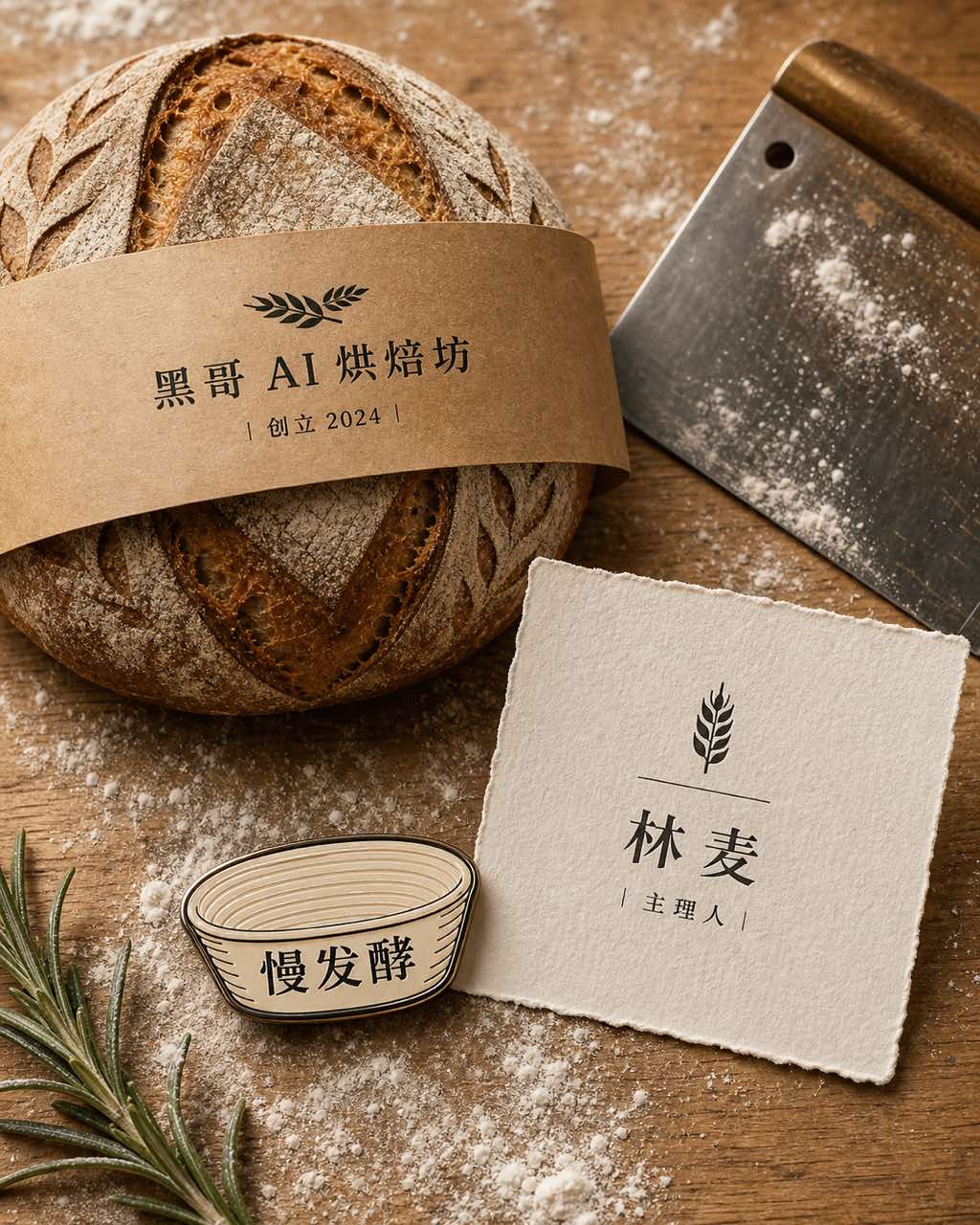 俯拍平铺：酸种面包烘焙坊品牌套件——牛皮纸面包套、凸版名片与搪瓷徽章，置于撒粉橡木台面。