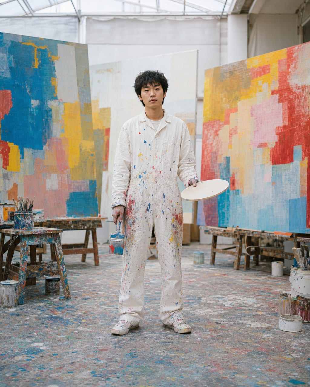 艺术家工作室颜料人像：一位画家站在未完成画布前，手上和围裙上沾有真实颜料痕迹，凌乱但有秩序的画室，调色盘、画笔和画布堆叠在背景里。