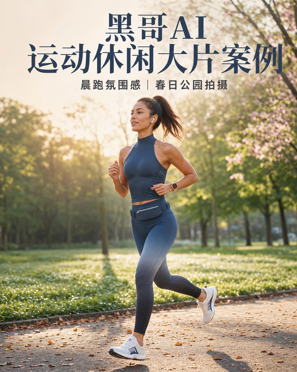 精瘦混血女性穿板岩蓝运动休闲服，在金色日出穿透花树的光线下被抓拍于满是晨露的公园小径慢跑动态中。