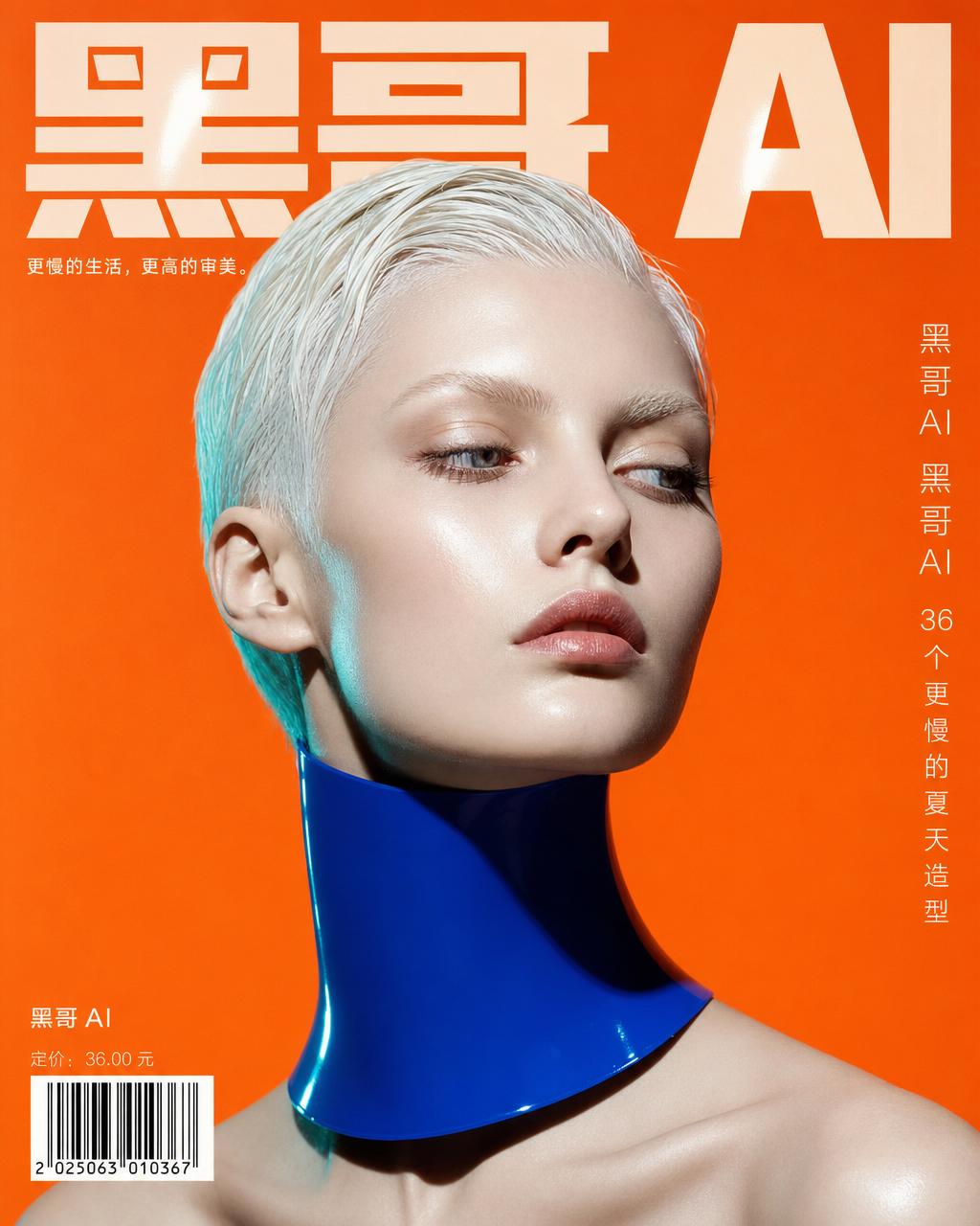 时尚杂志封面，模特佩戴钴蓝霓虹橡胶颈圈，柑橘背景，米白刊头 OBLIQUE，右侧封面文字。