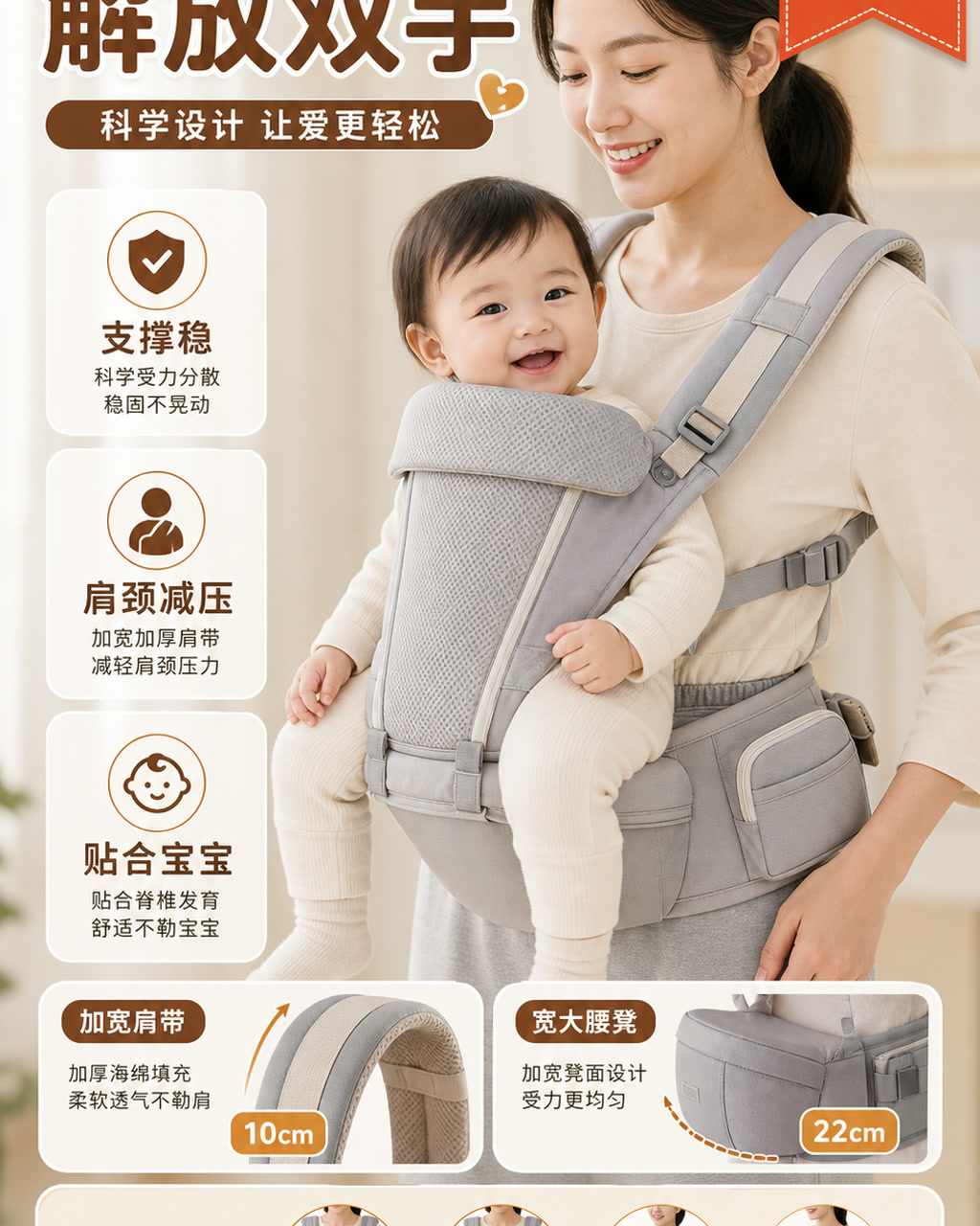 婴儿背带舒适图，主文案为「解放双手」，卖点为「支撑稳、肩颈减压、贴合宝宝」。