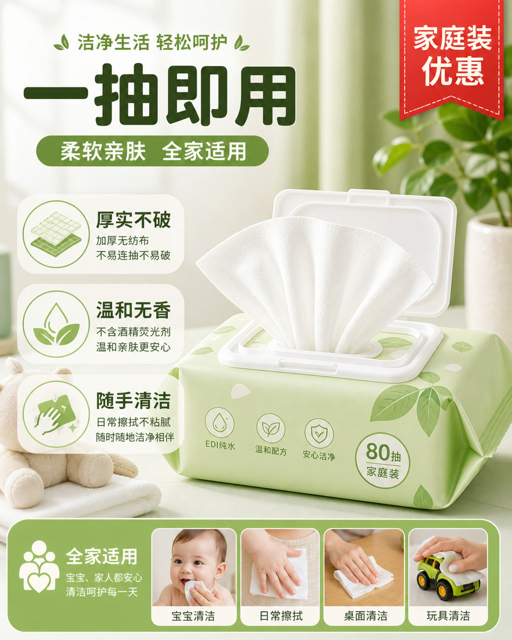 湿巾清洁卖点图，主文案为「一抽即用」，卖点为「厚实不破、温和无香、随手清洁」。