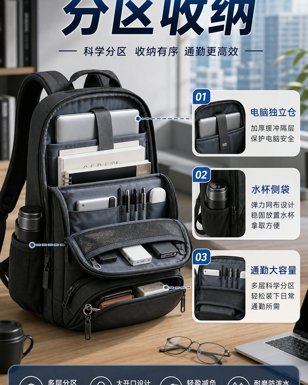 背包详情页分区图，主文案为「分区收纳」，卖点为「电脑独立仓、水杯侧袋、通勤大容量」。